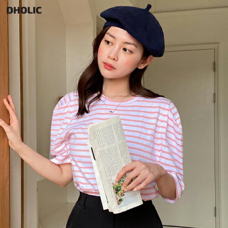 ボーダーパフ半袖Tシャツ・全3色・t00280 レディース 【tops】韓国ファッション トップス Tシャツ 大人 半袖 ラウンドネック ボーダー タック パフ 配色 シンプル フェミニン カジュアル デイリー 夏 春 秋