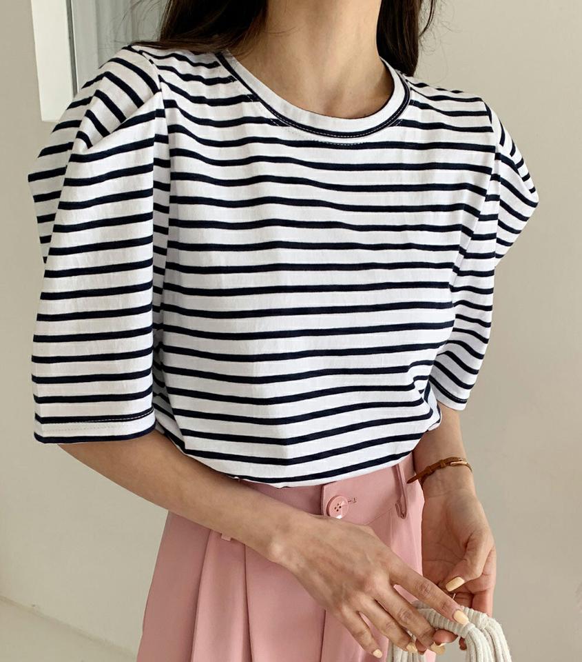 ボーダーパフ半袖Tシャツ・全3色・t00280 レディース 【tops】韓国ファッション トップス Tシャツ 大人 半袖 ラウンドネック ボーダー タック パフ 配色 シンプル フェミニン カジュアル デイリー 夏 春 秋