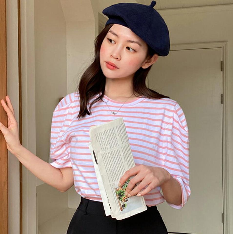 ボーダーパフ半袖Tシャツ・全3色・t00280 レディース 【tops】韓国ファッション トップス Tシャツ 大人 半袖 ラウンドネック ボーダー タック パフ 配色 シンプル フェミニン カジュアル デイリー 夏 春 秋