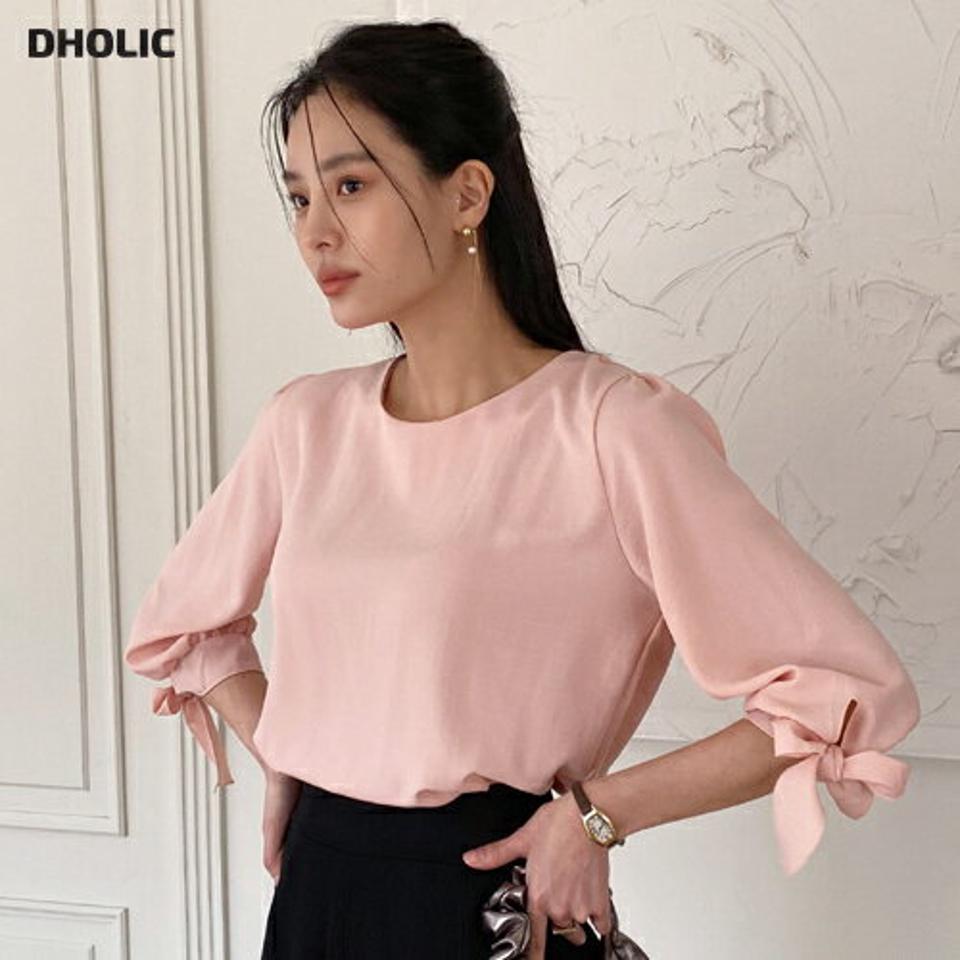 リボン7分袖ブラウス・全3色・t71883 レディース 【bl】ブラウス 七分丈 単色 無地 シンプル リボン りぼん 春 夏 秋 パステル オフィスカジュアル かわいい 可愛い ピンク きれいめ 上品 フェミニン ガーリー 韓国ファッション ハイホリHIHOLLI