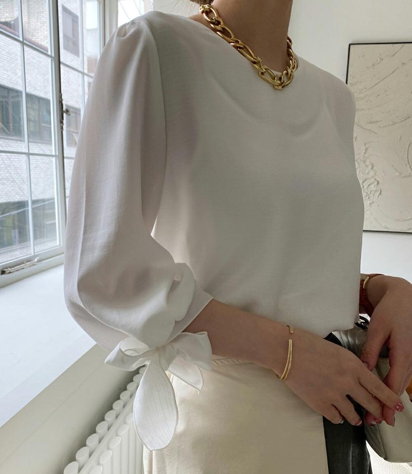 リボン7分袖ブラウス・全3色・t71883 レディース 【bl】ブラウス 七分丈 単色 無地 シンプル リボン りぼん 春 夏 秋 パステル オフィスカジュアル かわいい 可愛い ピンク きれいめ 上品 フェミニン ガーリー 韓国ファッション ハイホリHIHOLLI