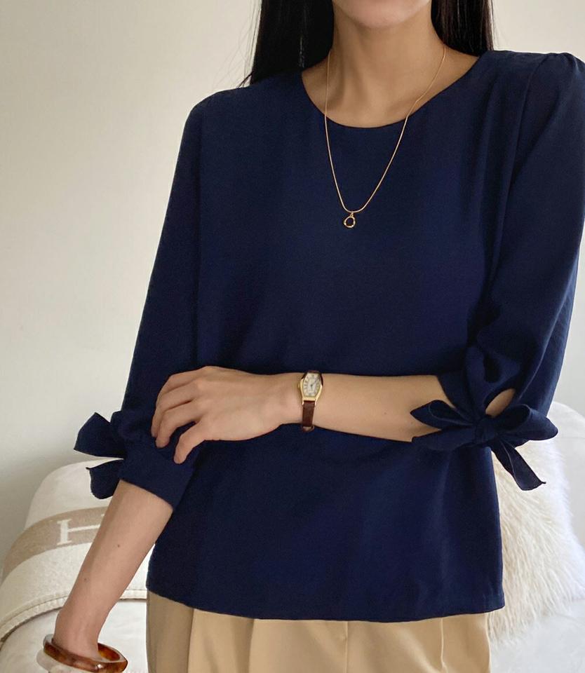 リボン7分袖ブラウス・全3色・t71883 レディース 【bl】ブラウス 七分丈 単色 無地 シンプル リボン りぼん 春 夏 秋 パステル オフィスカジュアル かわいい 可愛い ピンク きれいめ 上品 フェミニン ガーリー 韓国ファッション ハイホリHIHOLLI