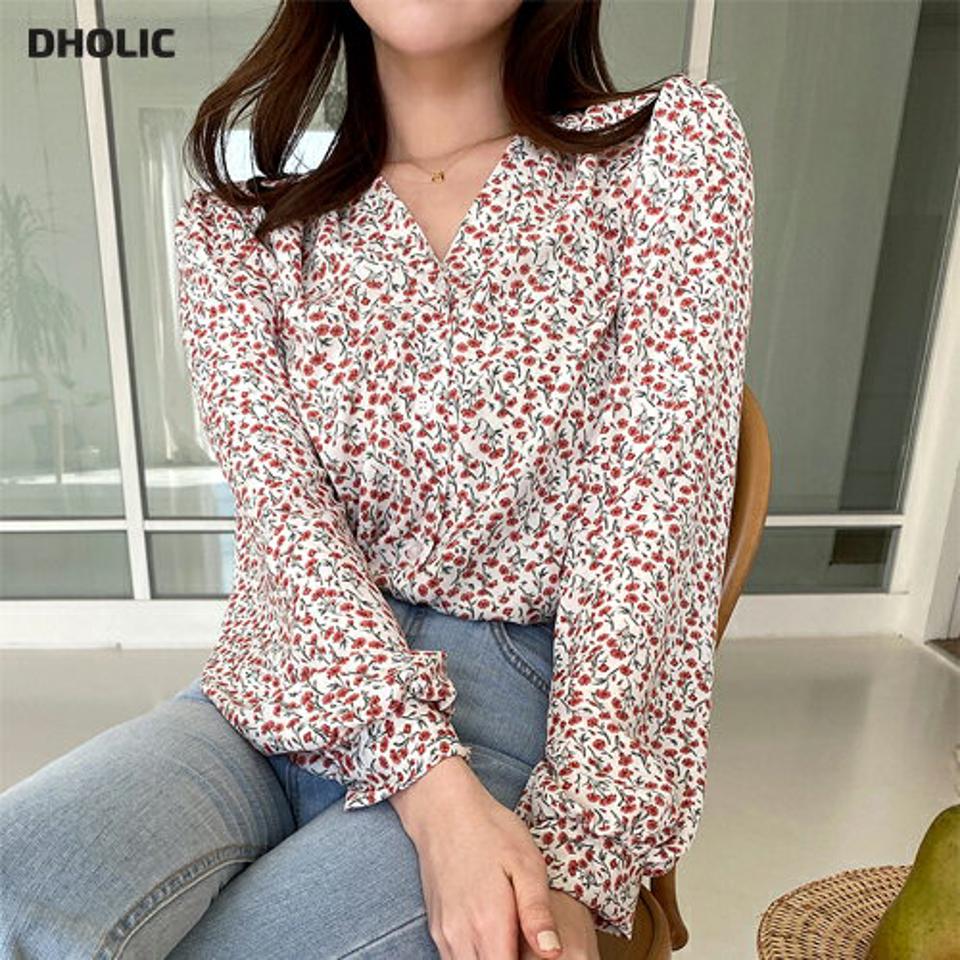ショルダータックVネック花柄ブラウス・全4色・t00283 レディース 【bl】韓国ファッション トップス ブラウス 長袖 Vネック 花柄 フローラル フラワー ショルダータック シンプル かわいい カジュアル フェミニン 春 秋