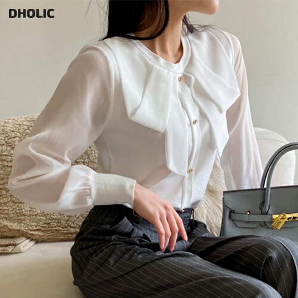 キュービックリボンカラーブラウス・全2色・b71922 レディース 【bl】ブラウス トップス 長袖 単色 無地 シンプル ボタン 秋 冬 春 透け感 リボン 上品 きれいめ フェミニン オフィスカジュアル 襟コン シフォン 韓国ファッション ハイホリHIHOLLI