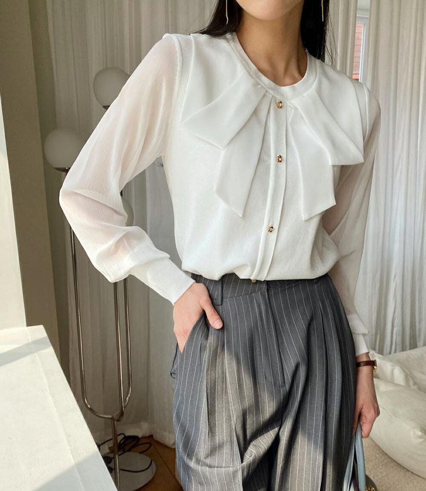 キュービックリボンカラーブラウス・全2色・b71922 レディース 【bl】ブラウス トップス 長袖 単色 無地 シンプル ボタン 秋 冬 春 透け感 リボン 上品 きれいめ フェミニン オフィスカジュアル 襟コン シフォン 韓国ファッション ハイホリHIHOLLI