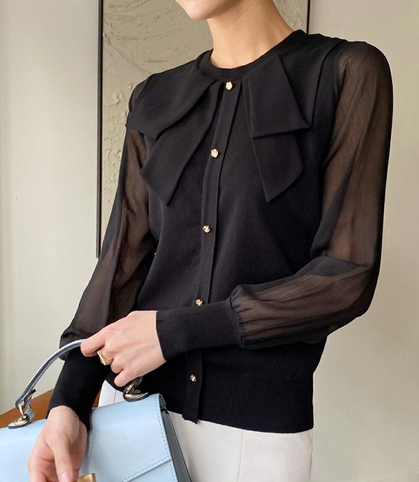 キュービックリボンカラーブラウス・全2色・b71922 レディース 【bl】ブラウス トップス 長袖 単色 無地 シンプル ボタン 秋 冬 春 透け感 リボン 上品 きれいめ フェミニン オフィスカジュアル 襟コン シフォン 韓国ファッション ハイホリHIHOLLI