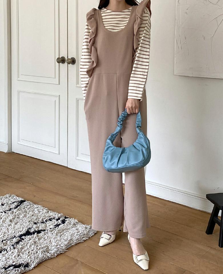 フリルワイドオールインワン・全4色・b71895 レディース 【pt】オールインワン ノースリーブ スリーブレス フリル 単色 無地 シンプル 春 夏 秋 冬 ワイド パンツ 楽ちん ラフ フェミニン カジュアル 韓国ファッション ハイホリHIHOLLI