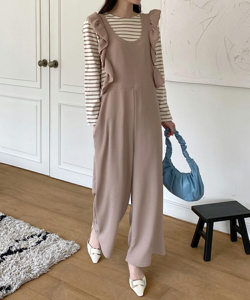 フリルワイドオールインワン・全4色・b71895 レディース 【pt】オールインワン ノースリーブ スリーブレス フリル 単色 無地 シンプル 春 夏 秋 冬 ワイド パンツ 楽ちん ラフ フェミニン カジュアル 韓国ファッション ハイホリHIHOLLI