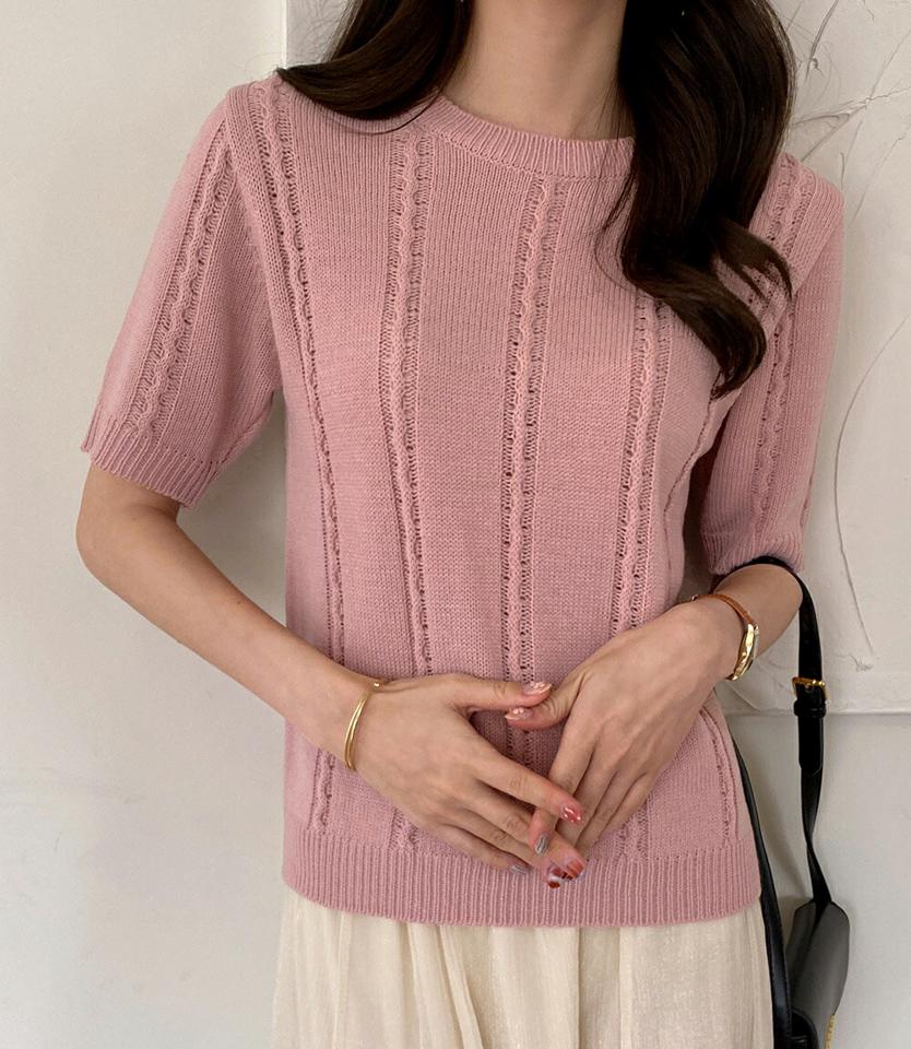 パンチング半袖ニット・全5色・t71888 レディース 【tops】ニット トップス 半袖 パンチング 柄 模様 ライン 単色 シンプル 春 夏 秋 上品 カジュアル かわいい 可愛い シンプルニット カラーニット 韓国ファッション ハイホリHIHOLLI