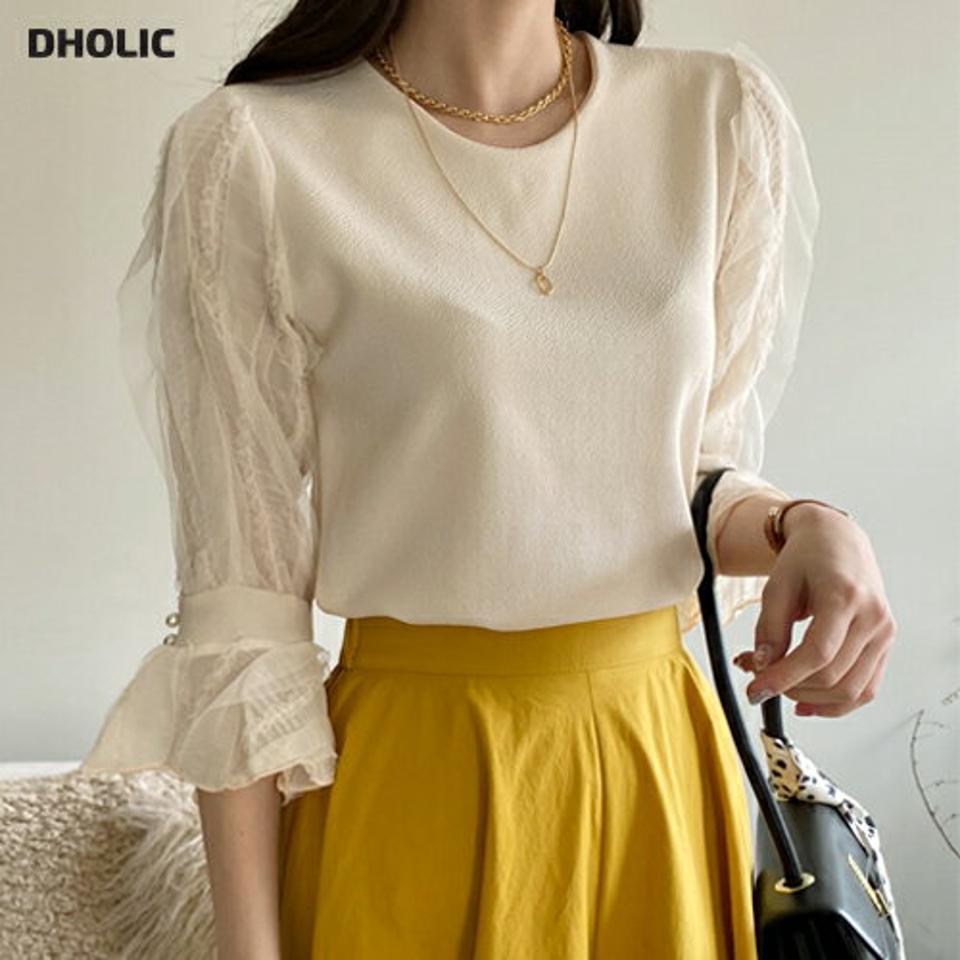 フェイクパールシフォンスリーブブラウス・全3色・t00340 レディース 【bl】ブラウス トップス 七分丈 単色 レース 柄 異素材 フェイクパール パール調 シフォン 上品 きれいめ フェミニンパステル 春 夏 秋 韓国ファッション ハイホリHIHOLLI