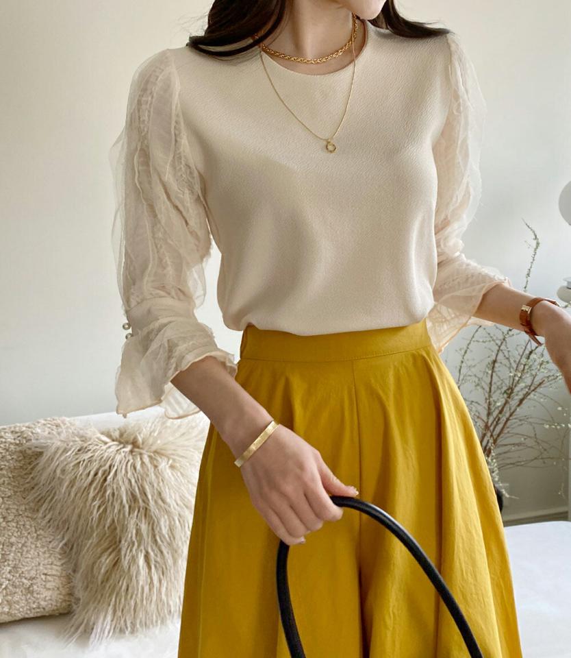 フェイクパールシフォンスリーブブラウス・全3色・t00340 レディース 【bl】ブラウス トップス 七分丈 単色 レース 柄 異素材 フェイクパール パール調 シフォン 上品 きれいめ フェミニンパステル 春 夏 秋 韓国ファッション ハイホリHIHOLLI