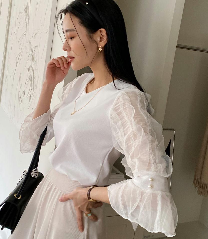 フェイクパールシフォンスリーブブラウス・全3色・t00340 レディース 【bl】ブラウス トップス 七分丈 単色 レース 柄 異素材 フェイクパール パール調 シフォン 上品 きれいめ フェミニンパステル 春 夏 秋 韓国ファッション ハイホリHIHOLLI