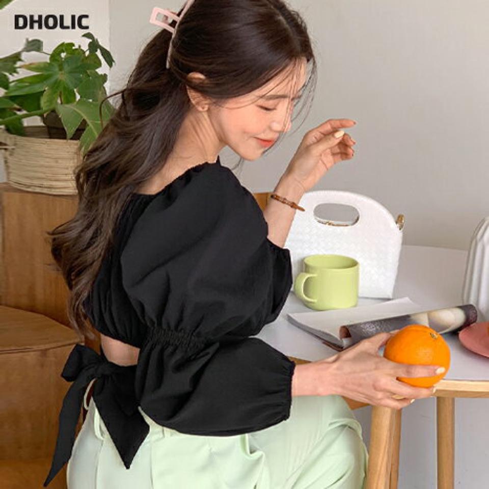 2WAYバックリボンブラウス・全2色・b00287 レディース 【bl】韓国ファッション トップス ブラウス 長袖 スクエアネック リボン オフショルダー クロップド丈 無地 シンプル かわいい カジュアル フェミニン 春 秋