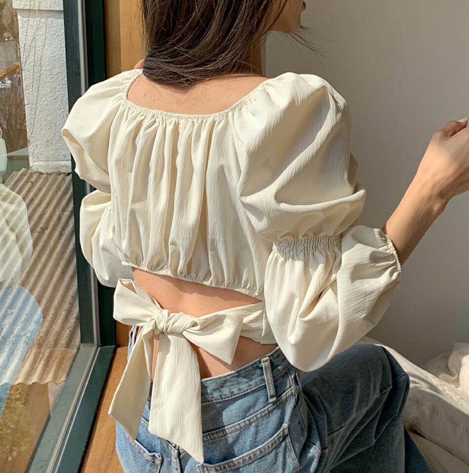 2WAYバックリボンブラウス・全2色・b00287 レディース 【bl】韓国ファッション トップス ブラウス 長袖 スクエアネック リボン オフショルダー クロップド丈 無地 シンプル かわいい カジュアル フェミニン 春 秋