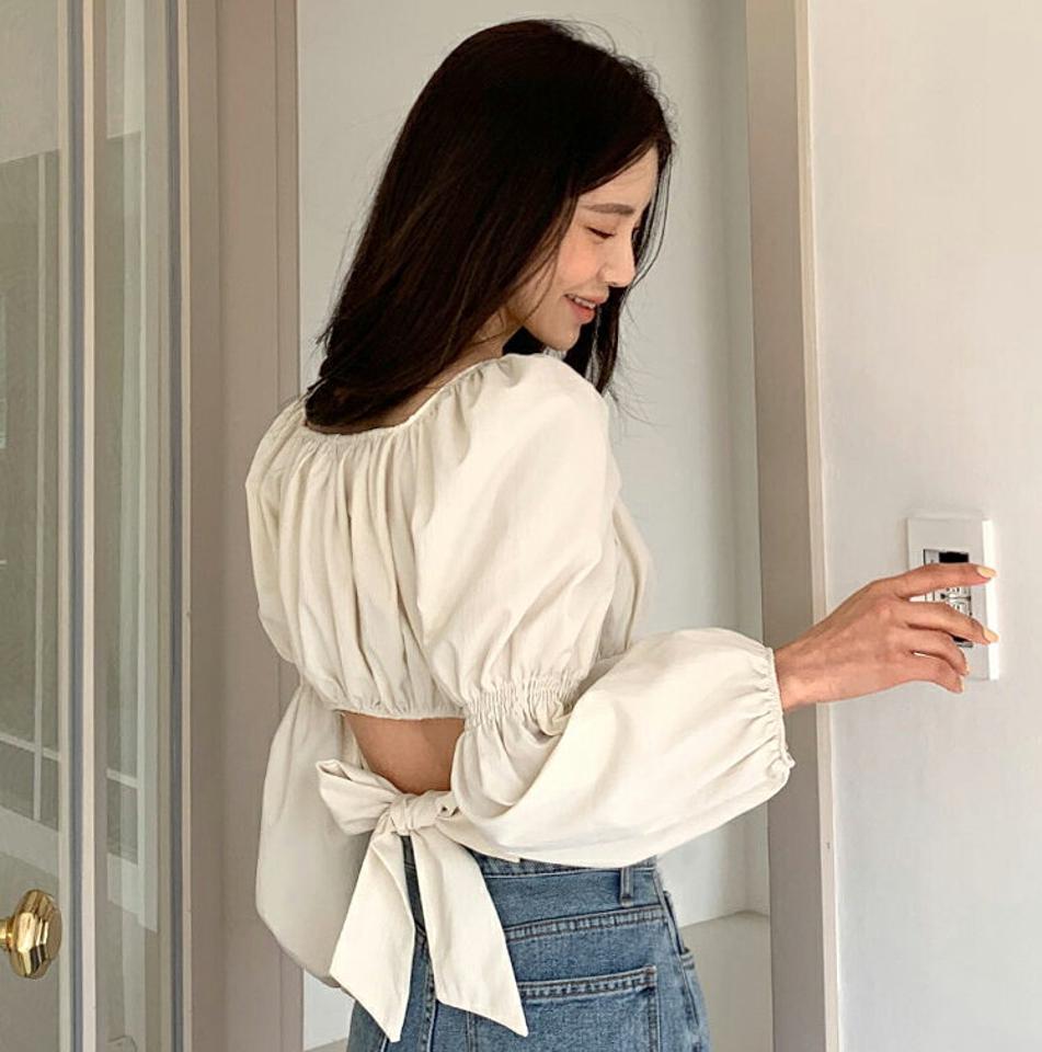 2WAYバックリボンブラウス・全2色・b00287 レディース 【bl】韓国ファッション トップス ブラウス 長袖 スクエアネック リボン オフショルダー クロップド丈 無地 シンプル かわいい カジュアル フェミニン 春 秋