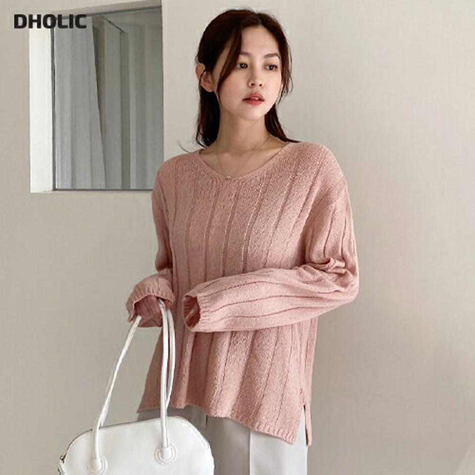 Vネックワイドリブニット・全4色・t00279 レディース 【tops】韓国ファッション トップス ニット 大人 長袖 Vネック ワイド カラーニット クロップド丈 スリット ルーズ かわいい 無地 シンプル フェミニン カジュアル 春 秋