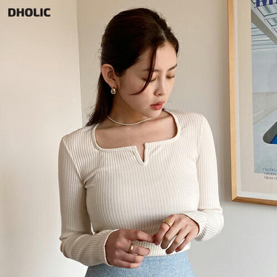 VスリットスクエアリブTシャツ・全4色・e66371 レディース 【tops】Tシャツ 長袖 リブ スリット 単色 シンプル 鎖骨 デコルテ見せ 秋 冬 春 スリム スクエアネック クロップド丈 かわいい 可愛い ガーリー カジュアル 韓国ファッション