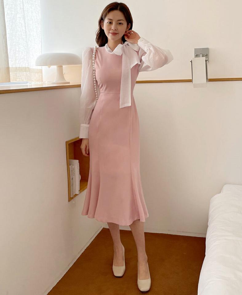 リボン配色マーメイドワンピース・全4色・t66382 レディース 【ops】ワンピース 長袖 ロング丈 配色 パステル 春 秋 パフ袖 パフスリーブ 透け感 タイ リボン りぼん マーメイド シフォン ウエストマーク フェミニン 韓国ファッション