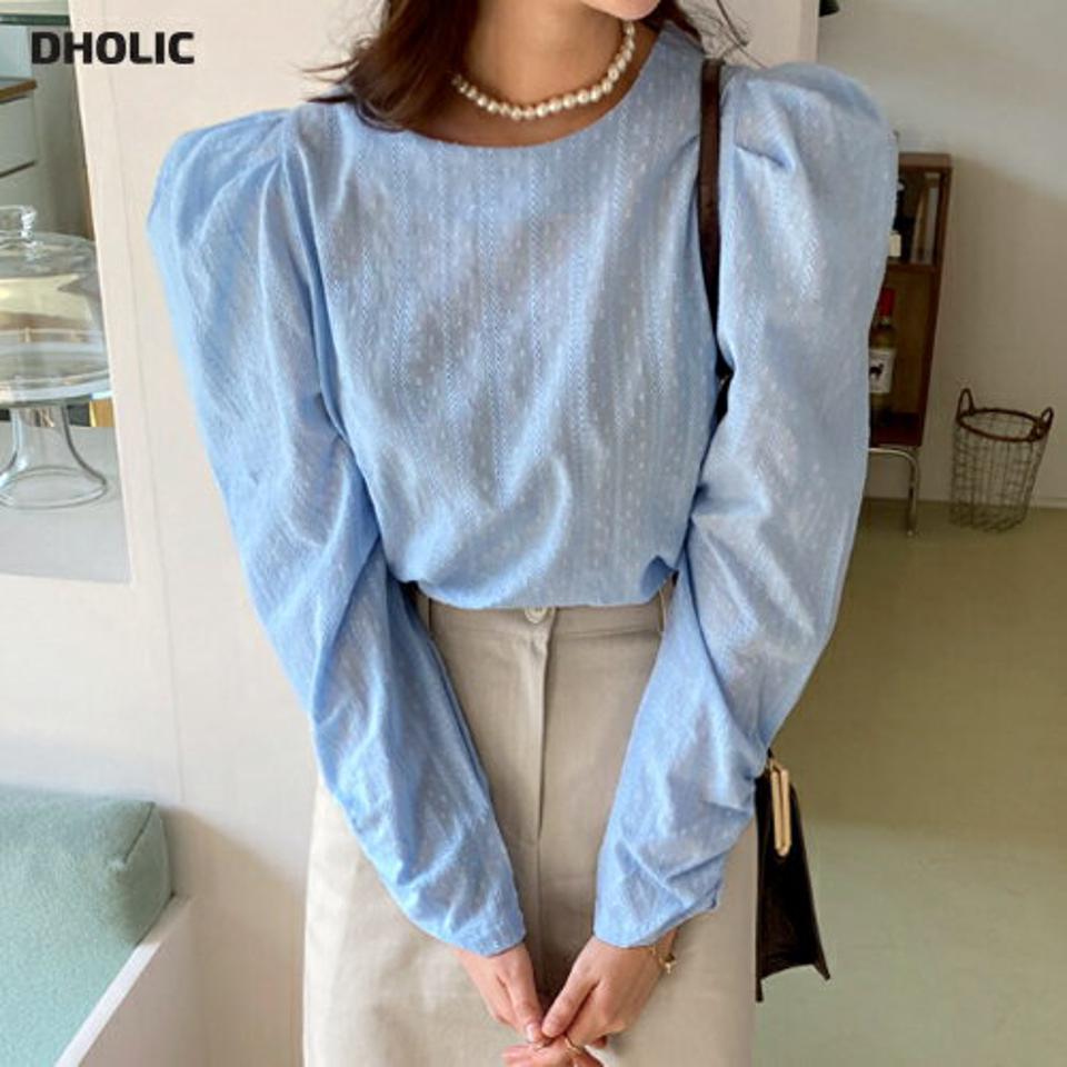 パンチングシャーリングスリーブブラウス・全4色・t66374 レディース 【bl】ブラウス トップス 長袖 パンチング 柄 模様 春 秋 パステル パフスリーブ シャーリング 水色 ドット ガーリー フェミニン かわいい 可愛い キュート 韓国ファッション