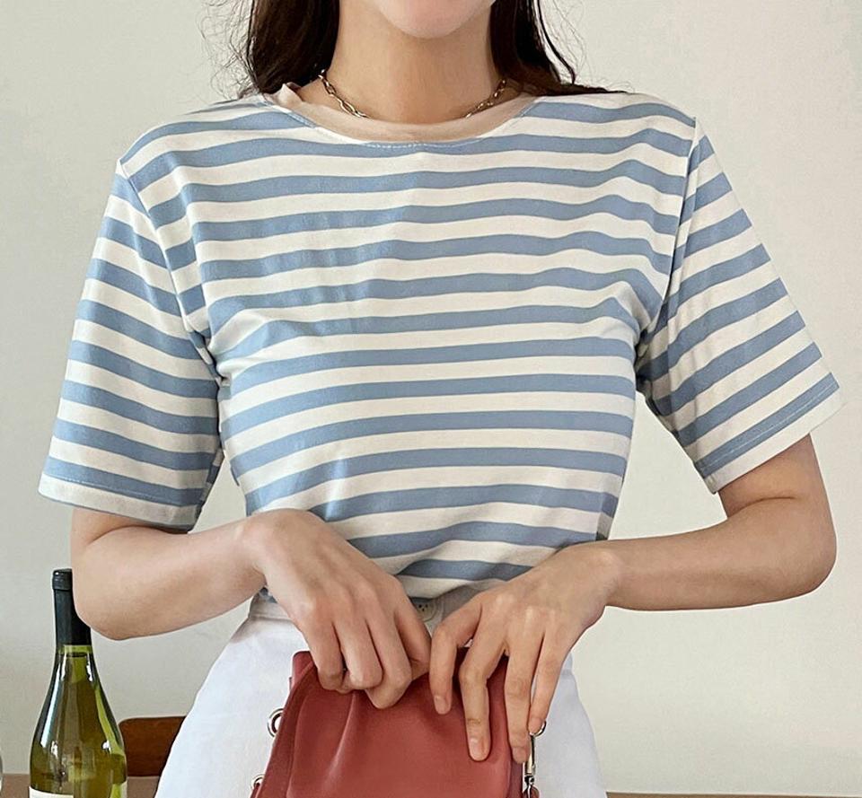 【20%OFF】ネック配色ボーダー半袖Tシャツ・全5色・t66368 レディース 【tops】Tシャツ 半袖 ボーダー 柄 模様 配色 クロップド丈 カジュアル パステル ガーリー かわいい 可愛い 楽ちん ラフ 爽やか 韓国ファッション GWセール