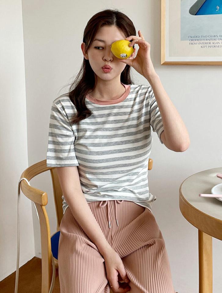 【20%OFF】ネック配色ボーダー半袖Tシャツ・全5色・t66368 レディース 【tops】Tシャツ 半袖 ボーダー 柄 模様 配色 クロップド丈 カジュアル パステル ガーリー かわいい 可愛い 楽ちん ラフ 爽やか 韓国ファッション GWセール