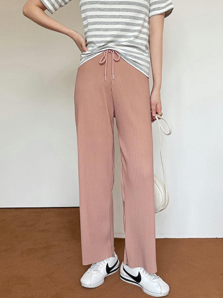 プリーツワイドパンツ・全5色・b66403 レディース 【pt】パンツ ロング 丈 単色 無地 シンプル パステル ワイド プリーツ 春 夏 秋 冬 楽ちん ラフ ストリング 紐 カジュアル かわいい 可愛い 韓国ファッション