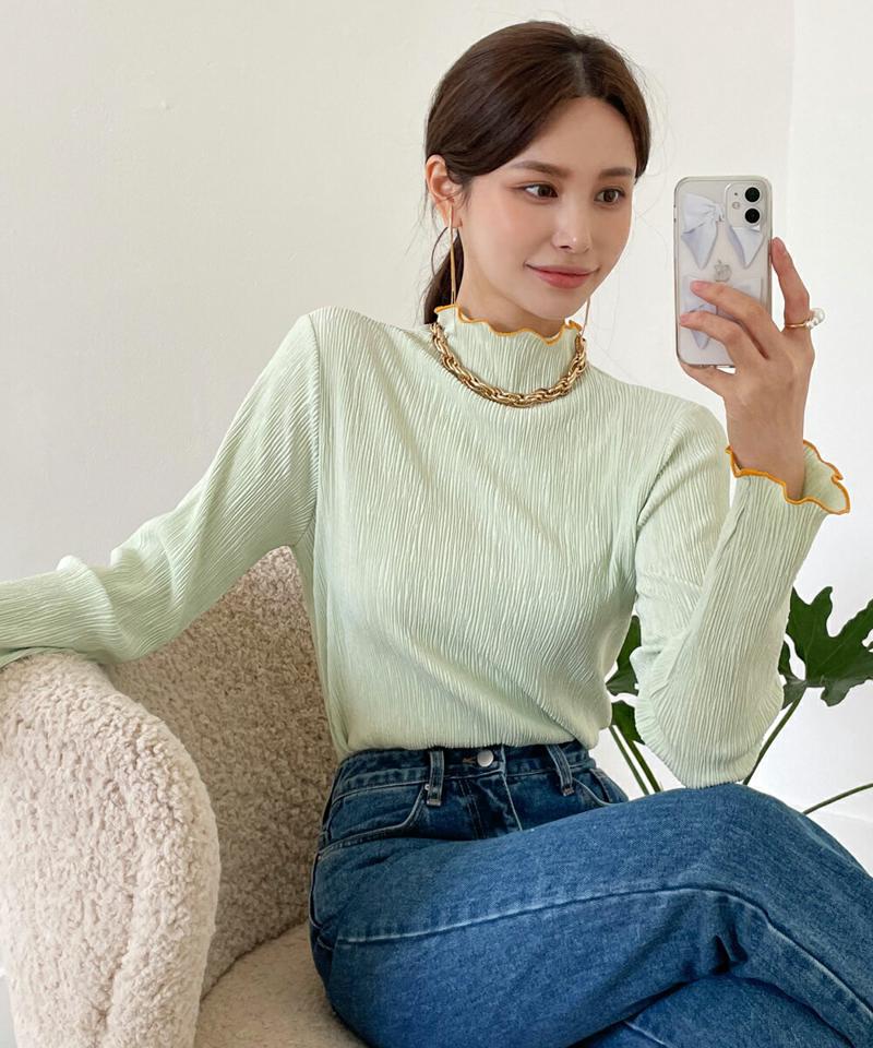 ウェーブ配色プリーツTシャツ・全4色・71763 レディース 【tops】Tシャツ 長袖 配色 プリーツ 模様 ウェーブ パステル 春 秋 伸縮 ハーフネック かわいい 可愛い フェミニン 上品 きれいめ ガーリー カジュアル 韓国ファッション ハイホリHIHOLLI