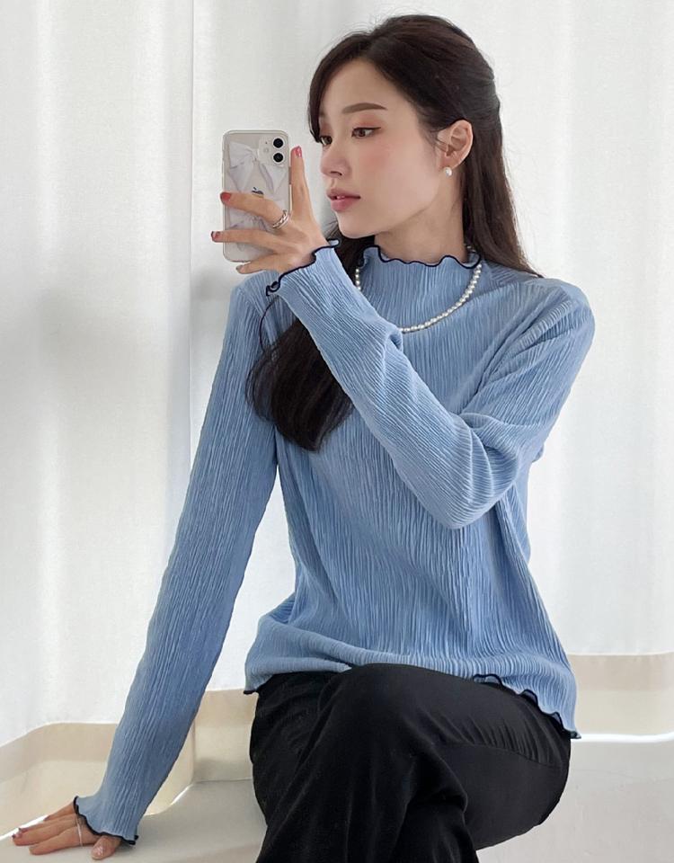 ウェーブ配色プリーツTシャツ・全4色・71763 レディース 【tops】Tシャツ 長袖 配色 プリーツ 模様 ウェーブ パステル 春 秋 伸縮 ハーフネック かわいい 可愛い フェミニン 上品 きれいめ ガーリー カジュアル 韓国ファッション ハイホリHIHOLLI