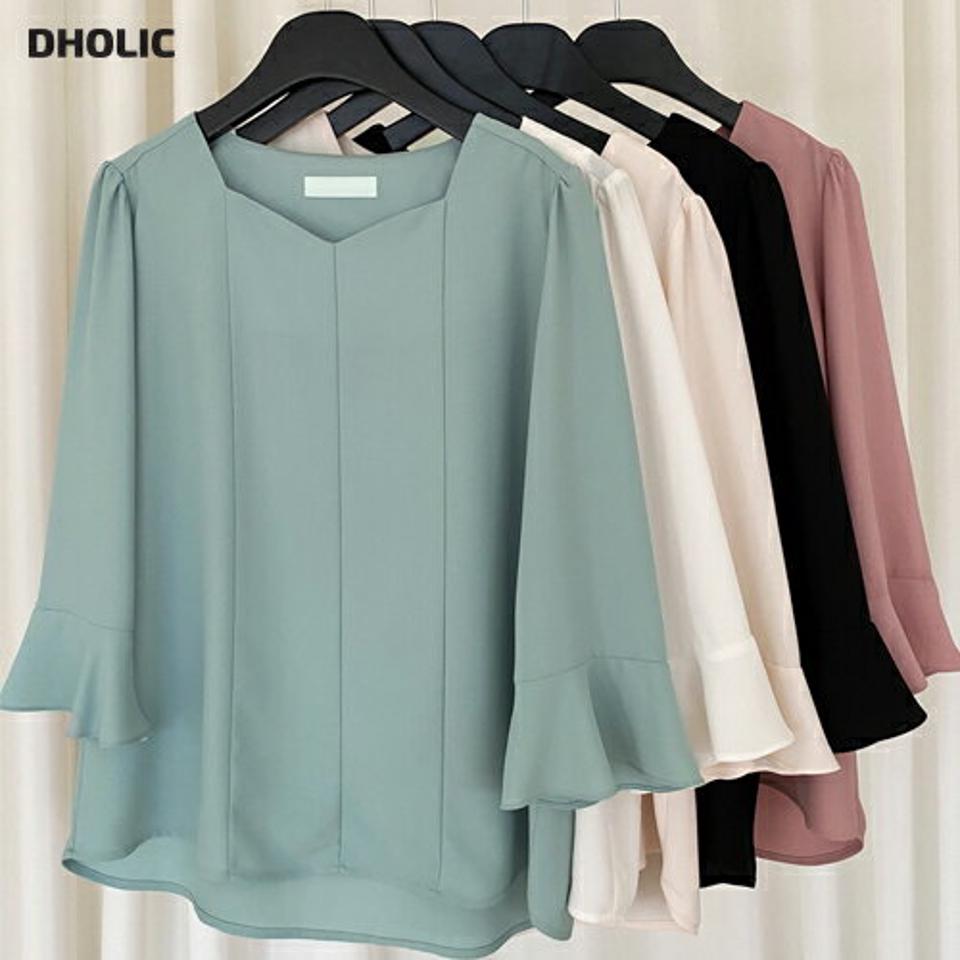 ハートネックフレアスリーブブラウス・全5色・71770 レディース 【bl】ブラウス トップス 七分 丈 単色 無地 シンプル ハートネック パフスリーブ 春 夏 秋 フェミニン オフィスカジュアル 可愛い きれいめ 上品 韓国ファッション ハイホリHIHOLLI