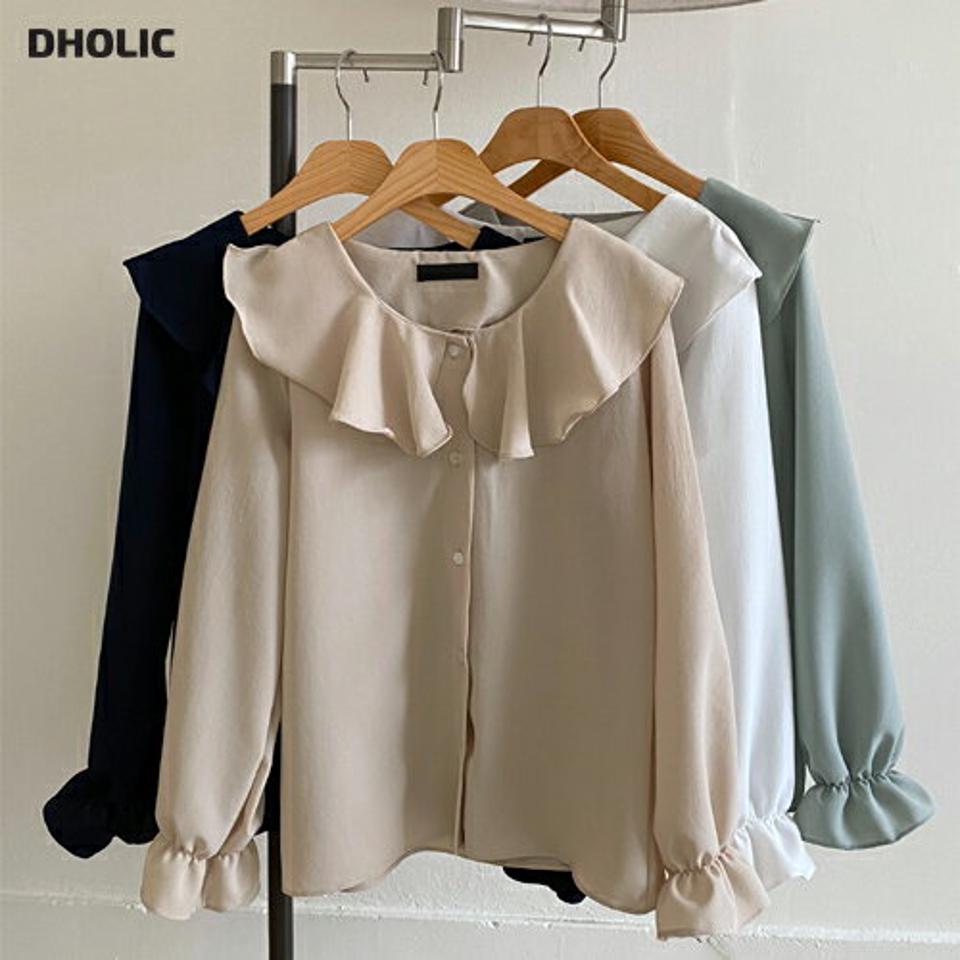 ラッフルカラーブラウス・全4色・t71771 レディース 【bl】ブラウス トップス 長袖 襟 襟コン 単色 無地 ラッフル カラー ボタン パフ袖 パフスリーブ 春 秋 パステル くすみ 可愛い かわいい ガーリー フェミニン 韓国ファッション ハイホリHIHOLLI