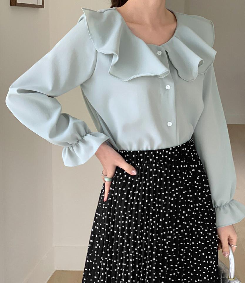 ラッフルカラーブラウス・全4色・t71771 レディース 【bl】ブラウス トップス 長袖 襟 襟コン 単色 無地 ラッフル カラー ボタン パフ袖 パフスリーブ 春 秋 パステル くすみ 可愛い かわいい ガーリー フェミニン 韓国ファッション ハイホリHIHOLLI