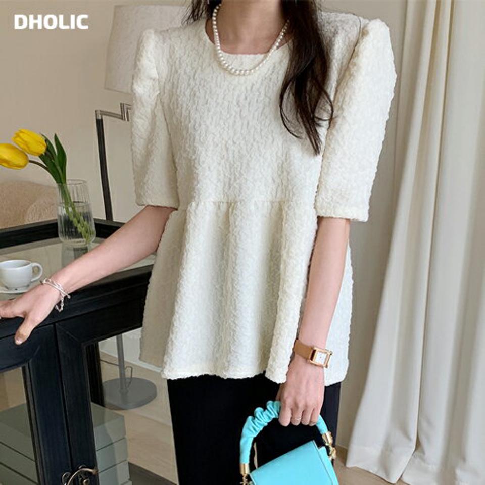 【10%OFF】リンクルペプラムパフブラウス・全2色・t71772 レディース 【bl】ブラウス トップス 半袖 ペプラム パフスリーブ リンクル ギャザー 単色 春 夏 秋 かわいい 可愛い ガーリー 上品 パステル エンボス お腹カバー 韓国ファッション ハイホリHIHOLLI【HS】セール