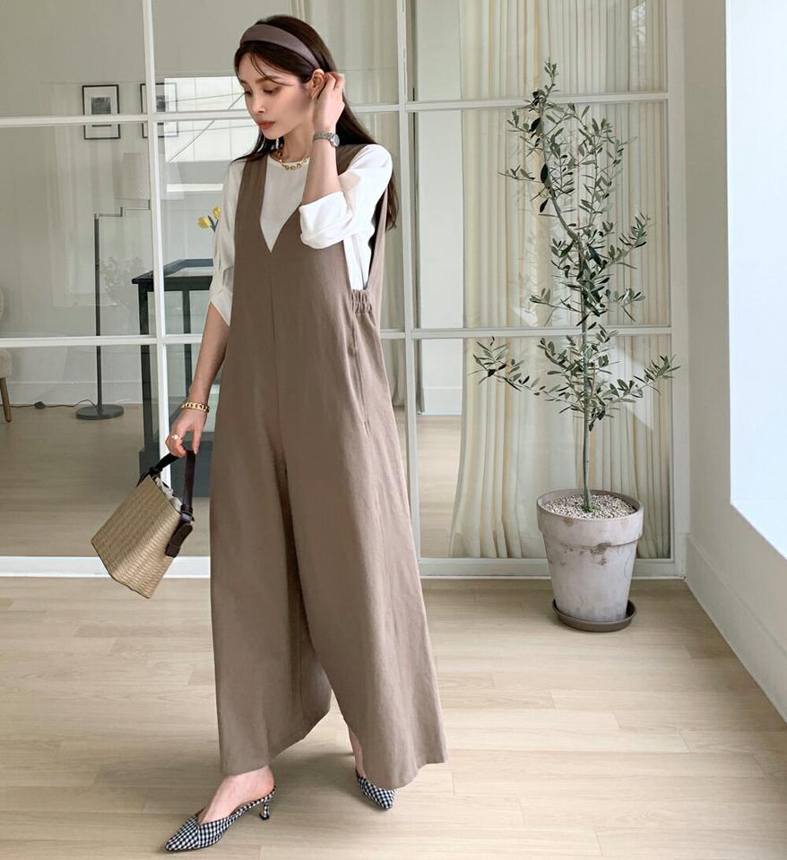 コットンワイドオールインワン・全3色・t71778 レディース 【pt】オールインワン パンツ ロング 丈 ノースリーブ Vネック 単色 無地 シンプル ワイド 楽ちん 春 夏 秋 冬 カジュアル フェミニン 韓国ファッション ハイホリHIHOLLI
