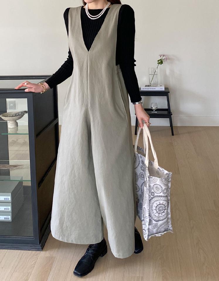 コットンワイドオールインワン・全3色・t71778 レディース 【pt】オールインワン パンツ ロング 丈 ノースリーブ Vネック 単色 無地 シンプル ワイド 楽ちん 春 夏 秋 冬 カジュアル フェミニン 韓国ファッション ハイホリHIHOLLI