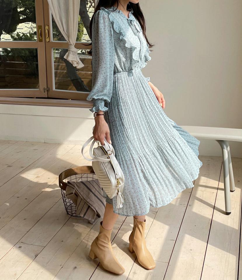 小花柄プリーツフリルリボンワンピース・全3色・b00475 レディース 【ops】韓国ファッション ワンピース ミディ ミディワンピース 長袖 小花柄 花柄 フローラル フラワー プリーツ フリル リボン ミディ丈 シンプル 黄色 フェミニン 春 秋