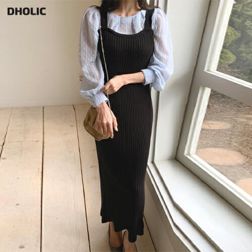 リブニットワンピース・全4色・t00495 レディース 【ops】韓国ファッション ワンピース ロング ロングワンピース ノースリーブ リブ ニットワンピース ウェーブ ロング丈 無地 シンプル フェミニン 春 秋