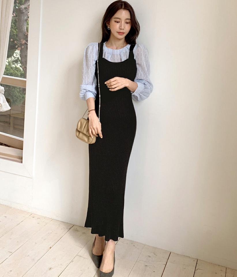 リブニットワンピース・全4色・t00495 レディース 【ops】韓国ファッション ワンピース ロング ロングワンピース ノースリーブ リブ ニットワンピース ウェーブ ロング丈 無地 シンプル フェミニン 春 秋