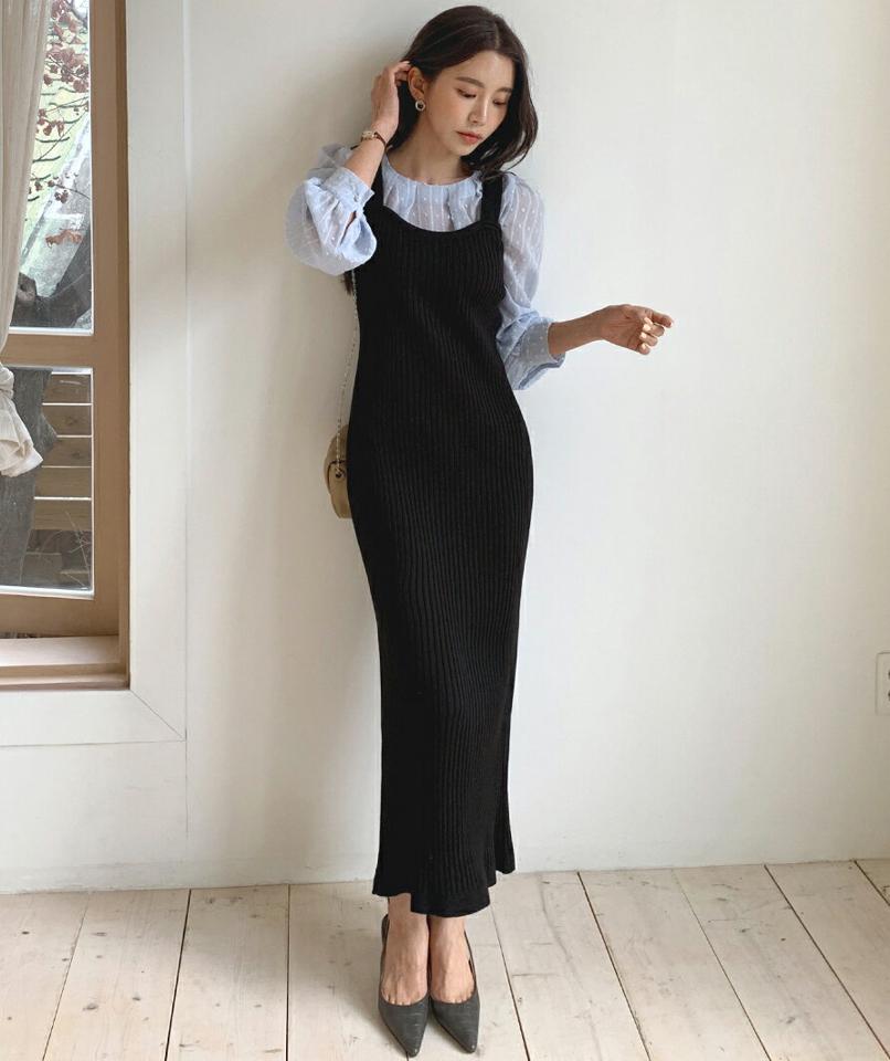リブニットワンピース・全4色・t00495 レディース 【ops】韓国ファッション ワンピース ロング ロングワンピース ノースリーブ リブ ニットワンピース ウェーブ ロング丈 無地 シンプル フェミニン 春 秋