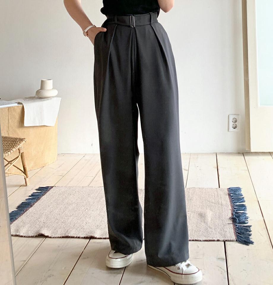 ベルト付ツータックワイドスラックス・全3色・b00468 レディース 【pt】韓国ファッション ボトムス ロング ロングパンツ スラックスパンツ スラックス ツータック ベルト付 ツータック ワイド 無地 シンプル フェミニン カジュアル 春 秋