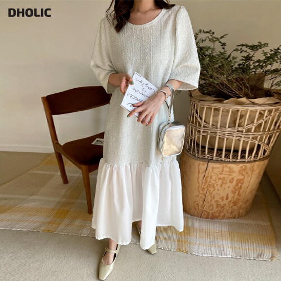 シフォンへムツイードワンピース・全2色・b00476 レディース 【ops】韓国ファッション ワンピース ロング ロングワンピース 半袖 ラウンドネック パフスリーブ シフォン ツイード ロング丈 シンプル フェミニン 春 秋