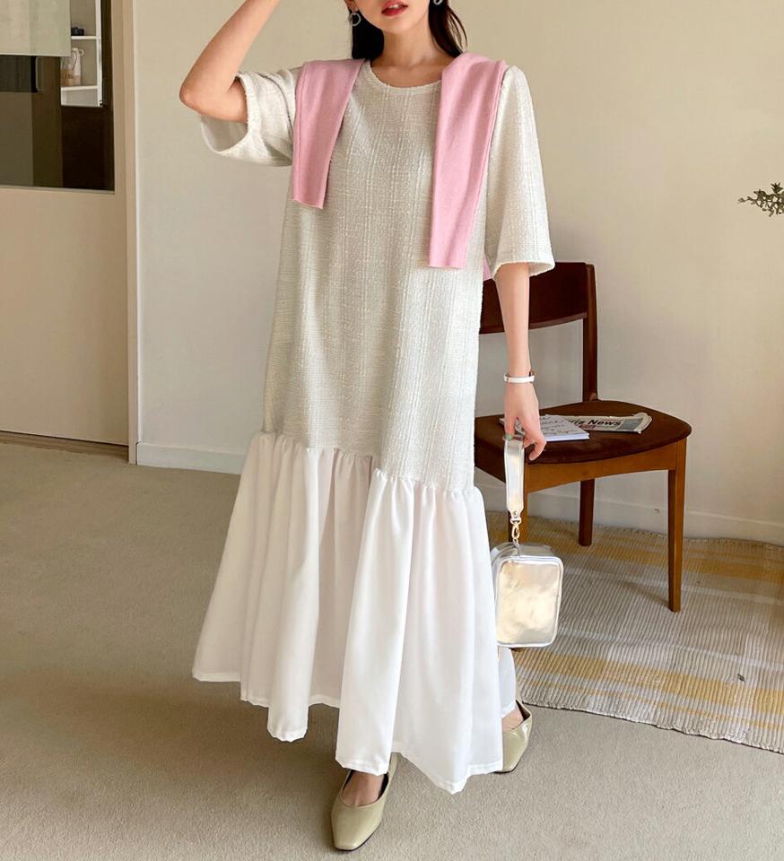 シフォンへムツイードワンピース・全2色・b00476 レディース 【ops】韓国ファッション ワンピース ロング ロングワンピース 半袖 ラウンドネック パフスリーブ シフォン ツイード ロング丈 シンプル フェミニン 春 秋