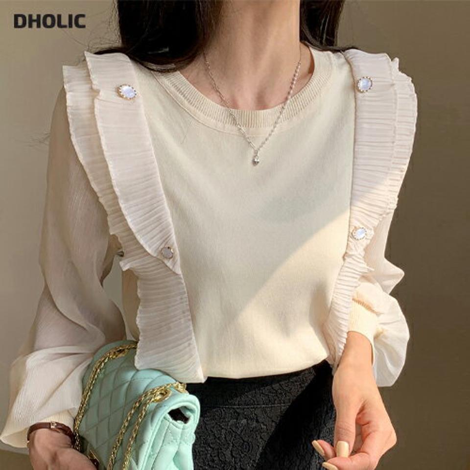 ダブルフリルボタンニット・全3色・b00485 レディース 【tops】韓国ファッション トップス ニット 大人 長袖 ラウンドネック プリーツ フリル ボタン グロッシー かわいい 無地 シンプル フェミニン カジュアル デイリー 春 秋