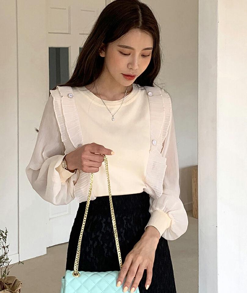 ダブルフリルボタンニット・全3色・b00485 レディース 【tops】韓国ファッション トップス ニット 大人 長袖 ラウンドネック プリーツ フリル ボタン グロッシー かわいい 無地 シンプル フェミニン カジュアル デイリー 春 秋