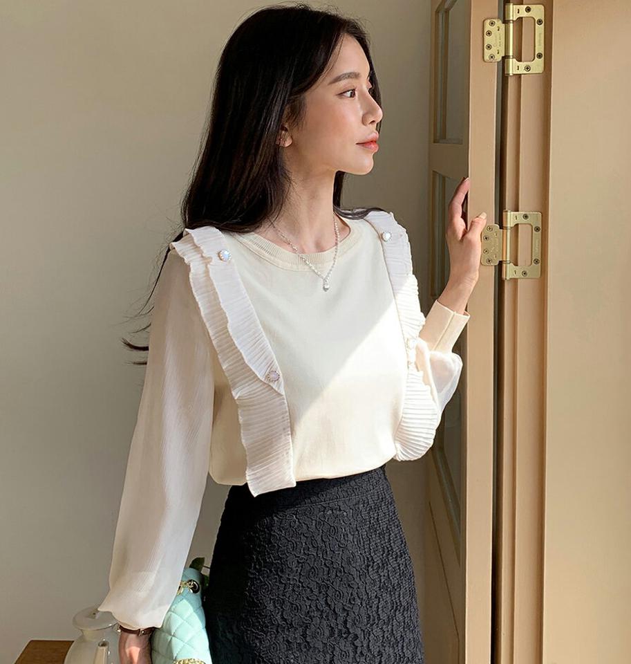 ダブルフリルボタンニット・全3色・b00485 レディース 【tops】韓国ファッション トップス ニット 大人 長袖 ラウンドネック プリーツ フリル ボタン グロッシー かわいい 無地 シンプル フェミニン カジュアル デイリー 春 秋