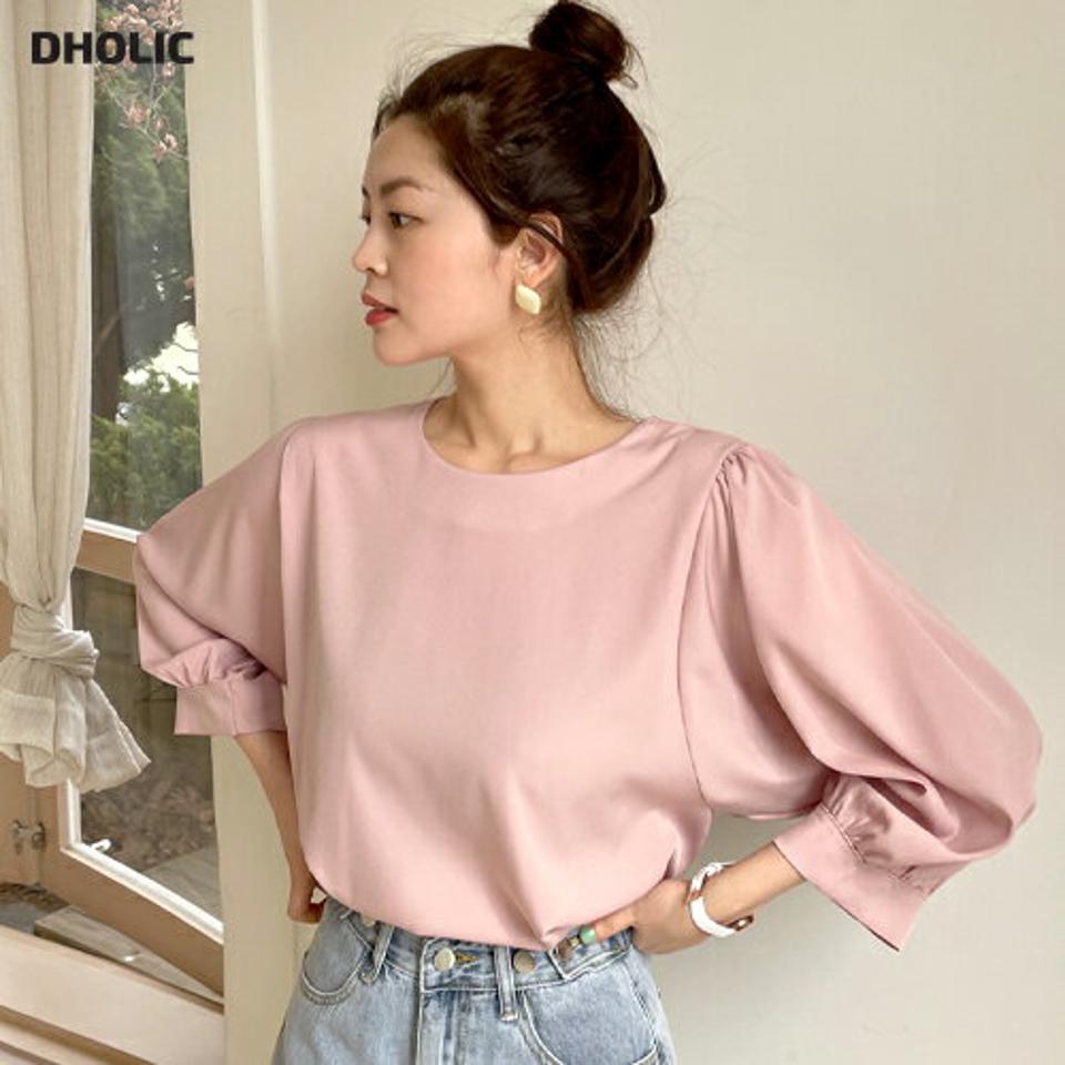 【マラソン特価】ラウンドフレアパフブラウス・全6色・b00488 レディース 【bl】韓国ファッション トップス ブラウス 7分袖 ラウンドネック パフスリーブ フレア ギャザー 無地 シンプル かわいい ピンク ボリュームスリーブ カジュアル フェミニン ガーリー 春 秋 セール