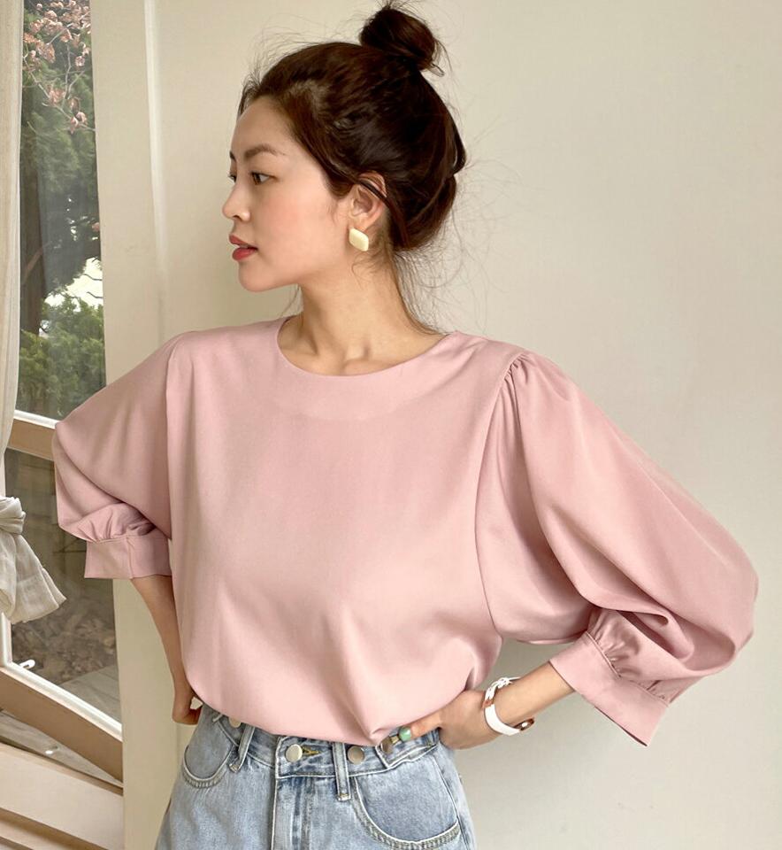 【マラソン特価】ラウンドフレアパフブラウス・全6色・b00488 レディース 【bl】韓国ファッション トップス ブラウス 7分袖 ラウンドネック パフスリーブ フレア ギャザー 無地 シンプル かわいい ピンク ボリュームスリーブ カジュアル フェミニン ガーリー 春 秋 セール