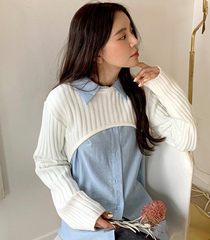 リブボレロ風ニット・全4色・t00482 レディース 【tops】韓国ファッション トップス ニット 大人 長袖 ラウンドネック ボレロ風 クロップド丈 無地 シンプル フェミニン カジュアル デイリー 春 秋