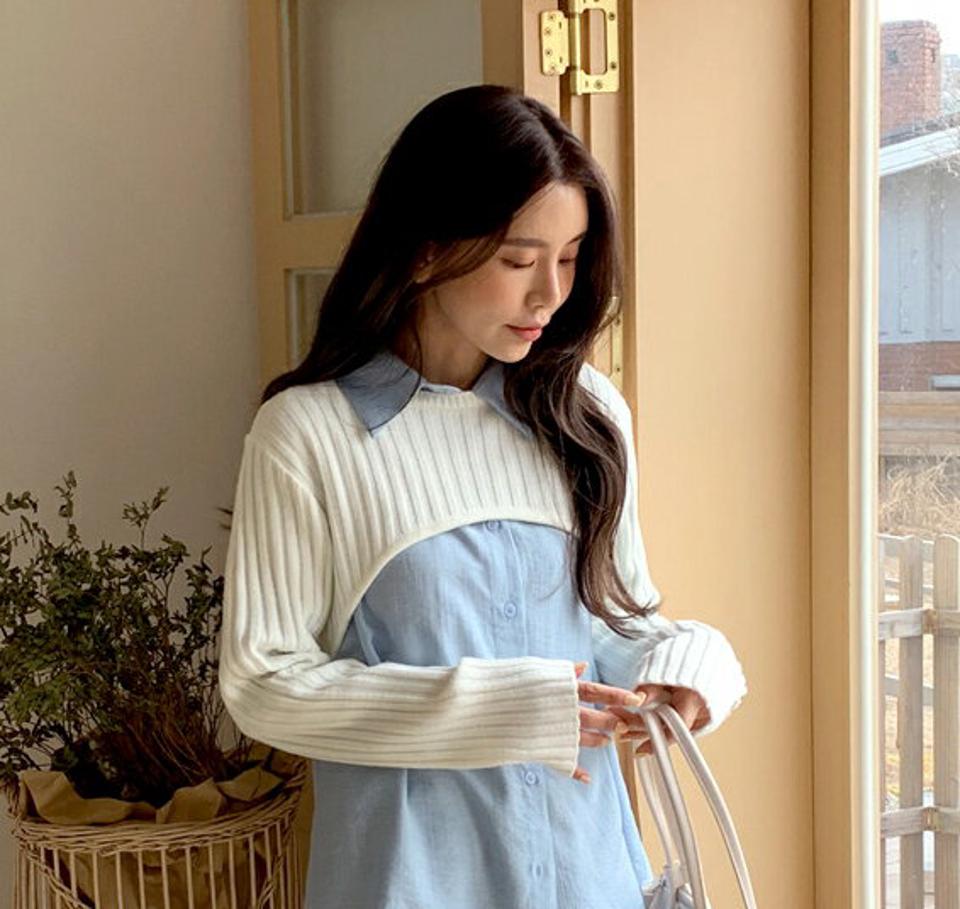 リブボレロ風ニット・全4色・t00482 レディース 【tops】韓国ファッション トップス ニット 大人 長袖 ラウンドネック ボレロ風 クロップド丈 無地 シンプル フェミニン カジュアル デイリー 春 秋