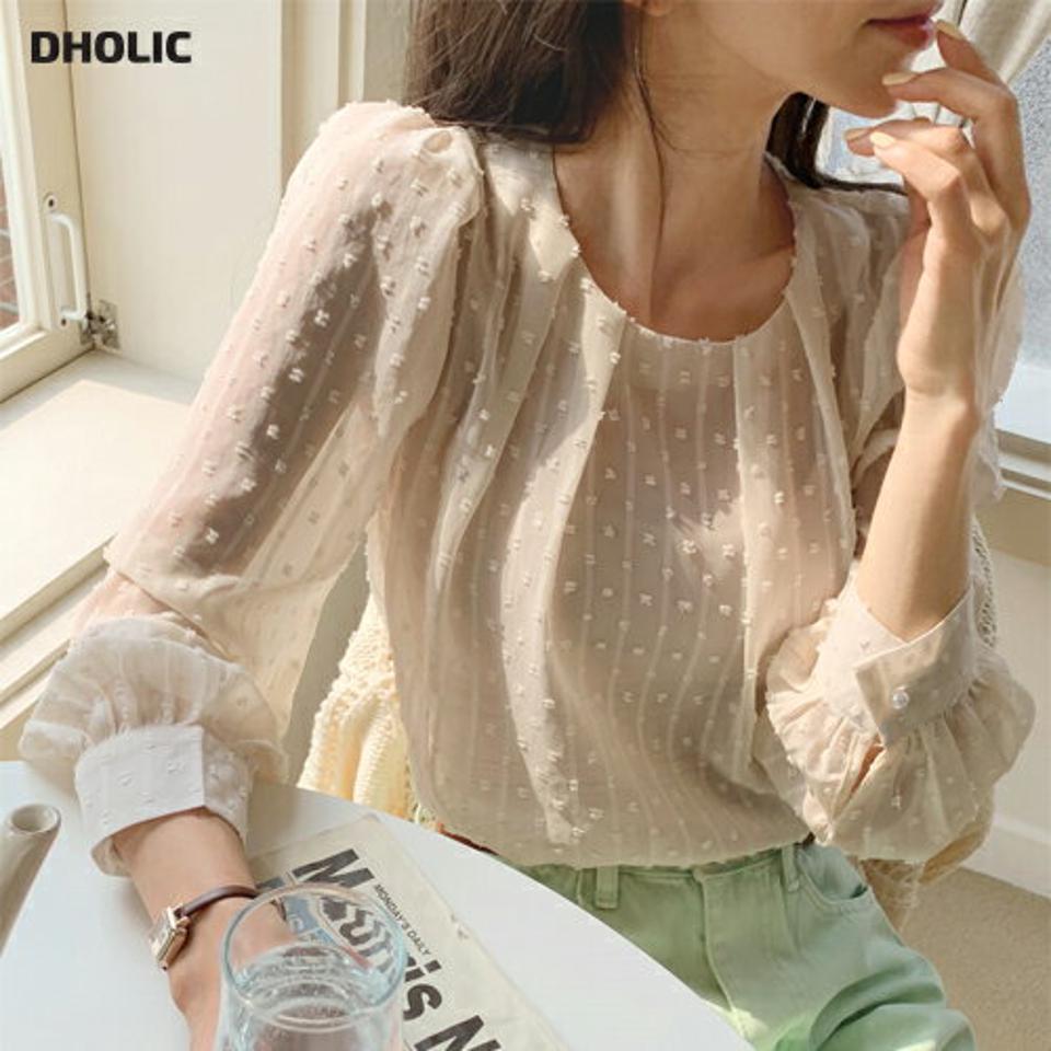 ドットテクスチャーシアーブラウス・全3色・b00490 レディース 【bl】韓国ファッション トップス ブラウス 長袖 ラウンドネック ドット柄 テクスチャー シアー スリット シースルー シンプル かわいい カジュアル フェミニン 体型カバー 春 秋