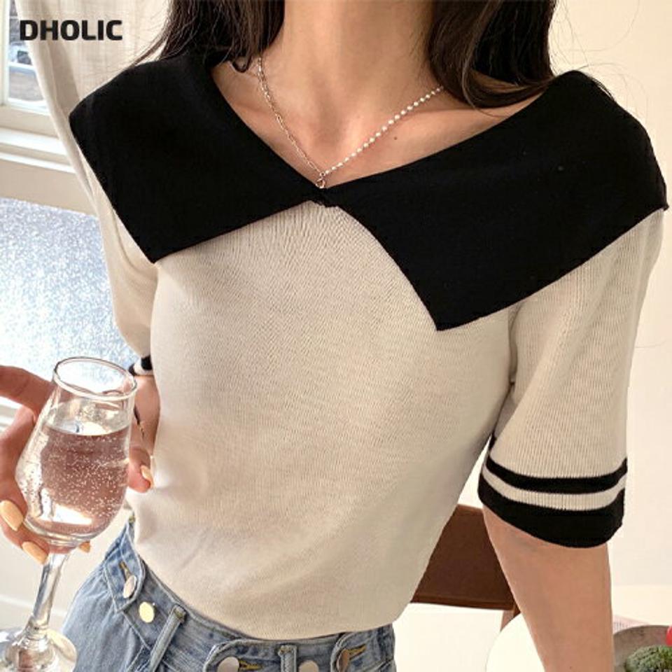 配色カラー半袖ニット・全3色・b00486 レディース 【tops】韓国ファッション トップス ニット 大人 半袖 Vネック 配色 ビッグカラー かわいい シンプル フェミニン カジュアル デイリー 夏 春 秋